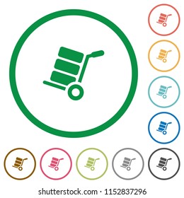 Hand truck with boxes flat color icons in round outlines on white background