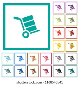 Hand truck with boxes flat color icons with quadrant frames on white background