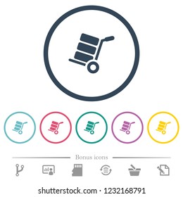 Hand truck with boxes flat color icons in round outlines. 6 bonus icons included.