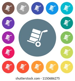 Hand truck with boxes flat white icons on round color backgrounds. 17 background color variations are included.