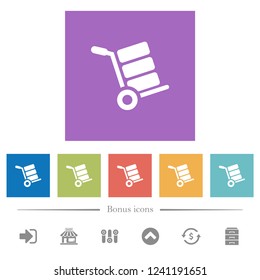 Hand truck with boxes flat white icons in square backgrounds. 6 bonus icons included.