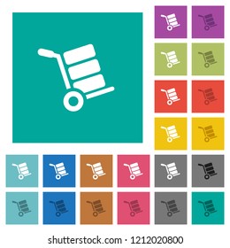 Hand truck with boxes multi colored flat icons on plain square backgrounds. Included white and darker icon variations for hover or active effects.
