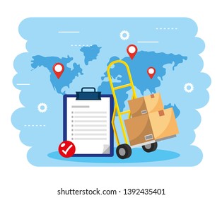 hand truck with boxes package and check list