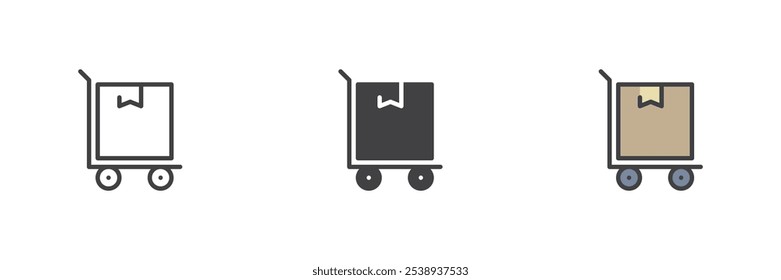 Hand truck with cardboard box different style icon set. Line, glyph and filled outline colorful version, outline and filled vector sign. Delivery symbol, logo illustration. Vector graphics