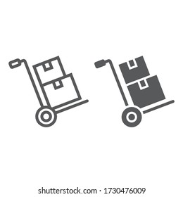 Hand truck with cardboard boxes line and glyph icon, logistic and delivery, hand dolly sign vector graphics, a linear icon on a white background, eps 10