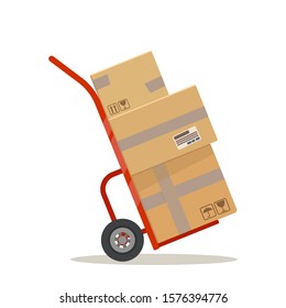 Hand Truck with cardboard boxes, parcels isolated on white background. Delivery service, storage equipment. Element for design. Vector illustration flat design.