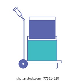 hand truck with cardboard boxes stacked and sealed in blue and purple color sections silhouette