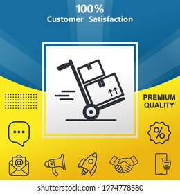 Hand truck with cardboard boxes vector glyph color icon. With yellow and blue background option