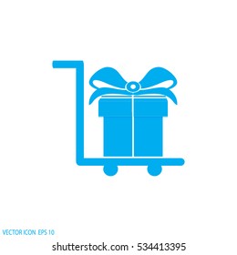 Hand truck. cart. gift box with ribbon. delivery