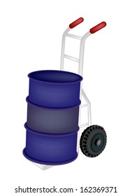 Hand Truck or Dolly Loading A Blue Color of Oil Drum or Oil Barrel Isolated on White Background. 