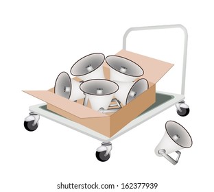 Hand Truck or Dolly Loading Cardboard Box Full with Megaphones or Loudspeakers, Ready for Shipping or Delivery.  
