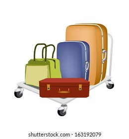 A Hand Truck or Dolly Loading Luggage, Travel Suitcase and Travel Bag For Traveling Around The World..  