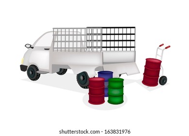 Hand Truck or Dolly Loading Oil Drums or Oil Can into A Pickup Truck, Ready for Shipping or Delivery. 