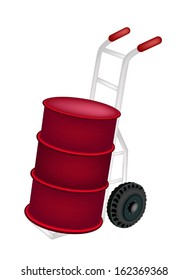 Hand Truck or Dolly Loading A Red Color of Oil Drum or Oil Barrel Isolated on White Background. 