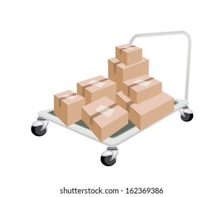 A Hand Truck or Dolly Loading Stack of Sealed Cardboard Boxes Isolated on White Background, Ready for Shipping or Delivery.  