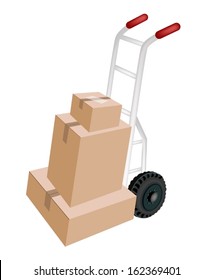 Hand Truck or Dolly Loading A Stack of Sealed Cardboard Boxes Isolated on White Background, Ready for Shipping or Delivery.  