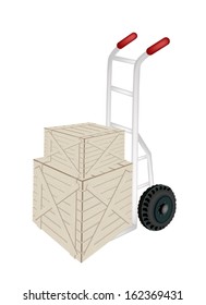 Hand Truck or Dolly Loading Two Wooden Crate or Cargo Box Isolated on White Background, Ready for Shipping or Delivery.  