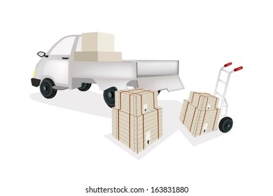 Hand Truck or Dolly Loading Wooden Crate or Cargo Box into A Pickup, Ready for Shipping or Delivery. 