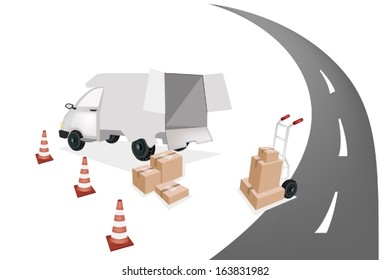 A Hand Truck or Dolly Loading Wooden Crate or Cargo Box into A Delivery Van on The Road, Ready for Shipping or Delivery. 