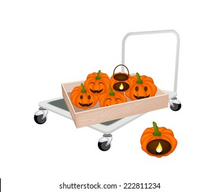 Hand Truck or Dolly Loading Wooden Crate or Cargo Box Full with Jack-o-Lantern Pumpkins and Pumpkin Baskets with Candle Light, Sign For Halloween Celebration. 