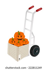 Hand Truck or Dolly Loading Wooden Crate or Cargo Box Full with Jack-o-Lantern Pumpkins and Pumpkin Baskets with Candle Light, Sign For Halloween Celebration. 