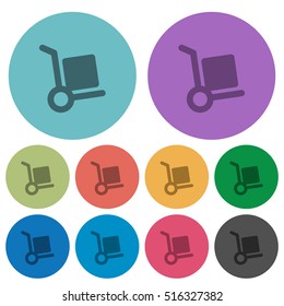 Hand truck flat icons on color round background.