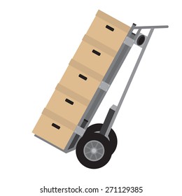 Hand truck with four brown cardboard boxes vector. Package delivery