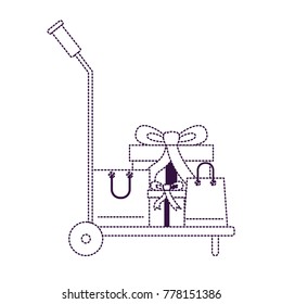 hand truck with gift boxes and shopping bags in purple dotted silhouette