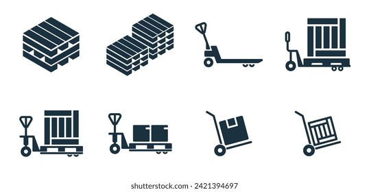 Hand truck icons set on white background. online delivery service business. Parcel container, packaging boxes, web design for applications.