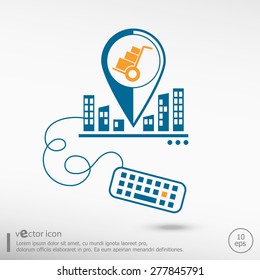Hand truck and keyboard. Line icons for application development, creative process
