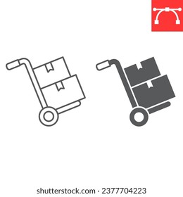 Hand truck line and glyph icon, logistic and trolley, hand truck with cardboard boxes vector icon, vector graphics, editable stroke outline sign, eps 10.