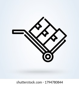 Hand truck linear style. Truck with boxes and Trolley line icon. vector Illustration Truck with boxes.