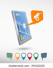 Hand truck and perspective smartphone vector realistic. Set of bright map pointers for printing, website, presentation element and application mockup.