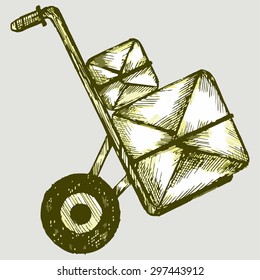 Hand truck with post packages. Vector Image