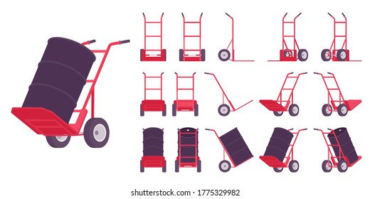 Hand truck red set. Equipment for manual moving boxes or unloading cargo, heavy lifting, easy transport and convenient storage. Vector flat style cartoon illustration, different views