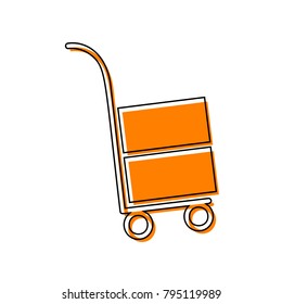 Hand truck sign. Vector. Black line icon with shifted flat orange filled icon on white background. Isolated.