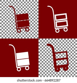 Hand truck sign. Vector. Bordo and white icons and line icons on chess board with transparent background.