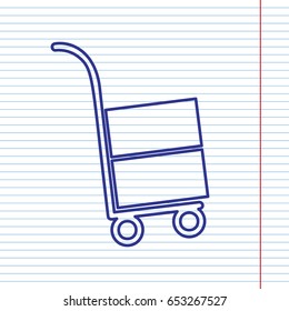 Hand truck sign. Vector. Navy line icon on notebook paper as background with red line for field.