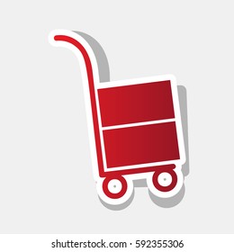 Hand truck sign. Vector. New year reddish icon with outside stroke and gray shadow on light gray background.