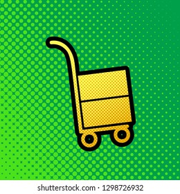 Hand truck sign. Vector. Pop art orange to yellow dots-gradient icon with black contour at greenish background.