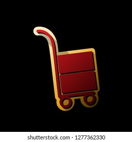 Hand truck sign. Vector. Red icon with small black and limitless shadows at golden sticker on black background.