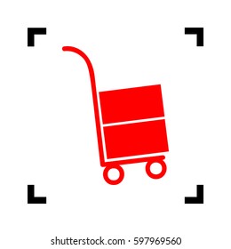 Hand truck sign. Vector. Red icon inside black focus corners on white background. Isolated.