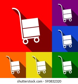 Hand truck sign. Vector. Set of icons with flat shadows at red, orange, yellow, green, blue and violet background.