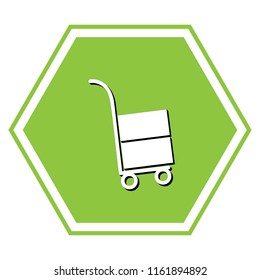 Hand truck sign. Vector. White icon with black shadow at yellow green honeycomb on white background.