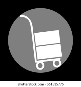 Hand truck sign. White icon in gray circle at black background. Circumscribed circle. Circumcircle.