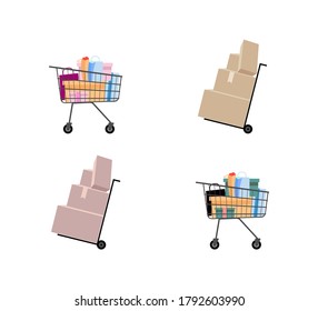 Hand truck and supermarket trolley flat color vector objects set. Dolly with cardboard packages. Shopping cart. Isolated cartoon illustration for web graphic design and animation collection