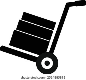 Hand Truck Trolley, Man with trolley wheels shipment, Loading and Unloading boxes on truck, Man carrying heavy goods, Man delivery cart for delivery, Hand truck dolly Black icon