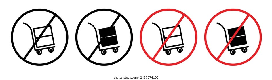 Hand Truck Usage Ban Line Icon Set. Dolly Restriction Notice icon in outline and solid flat style.