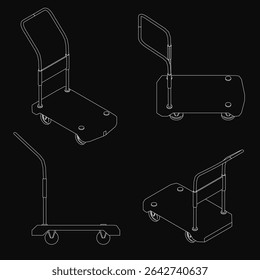 Caminhões de mão sobre um fundo preto, cada um com quatro rodas e um cabo resistente para o transporte suave. Os carrinhos brancos contrastam fortemente com o fundo escuro, destacando a sua limpeza,.