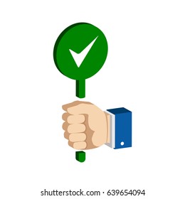 Hand with true, accept sign. Flat Isometric Icon or Logo. 3D Style Pictogram for Web Design, UI, Mobile App, Infographic. Vector Illustration on white background.